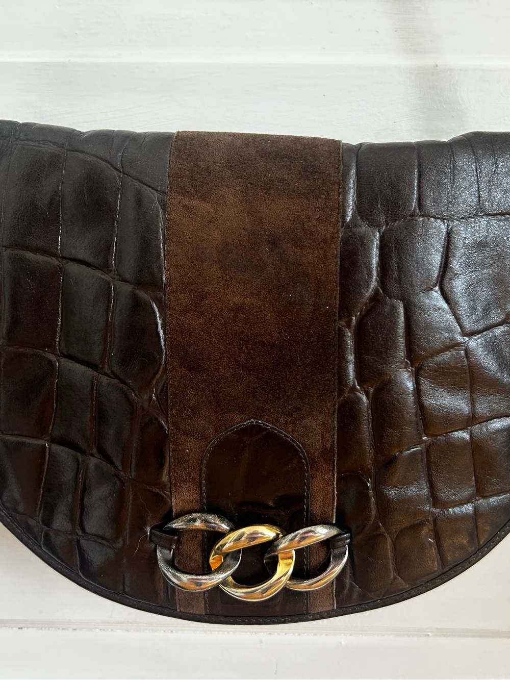 Dark Brown vintage Croc-Embossed Leather ‘Mimo Sacs’ crossbody with Chain Accent